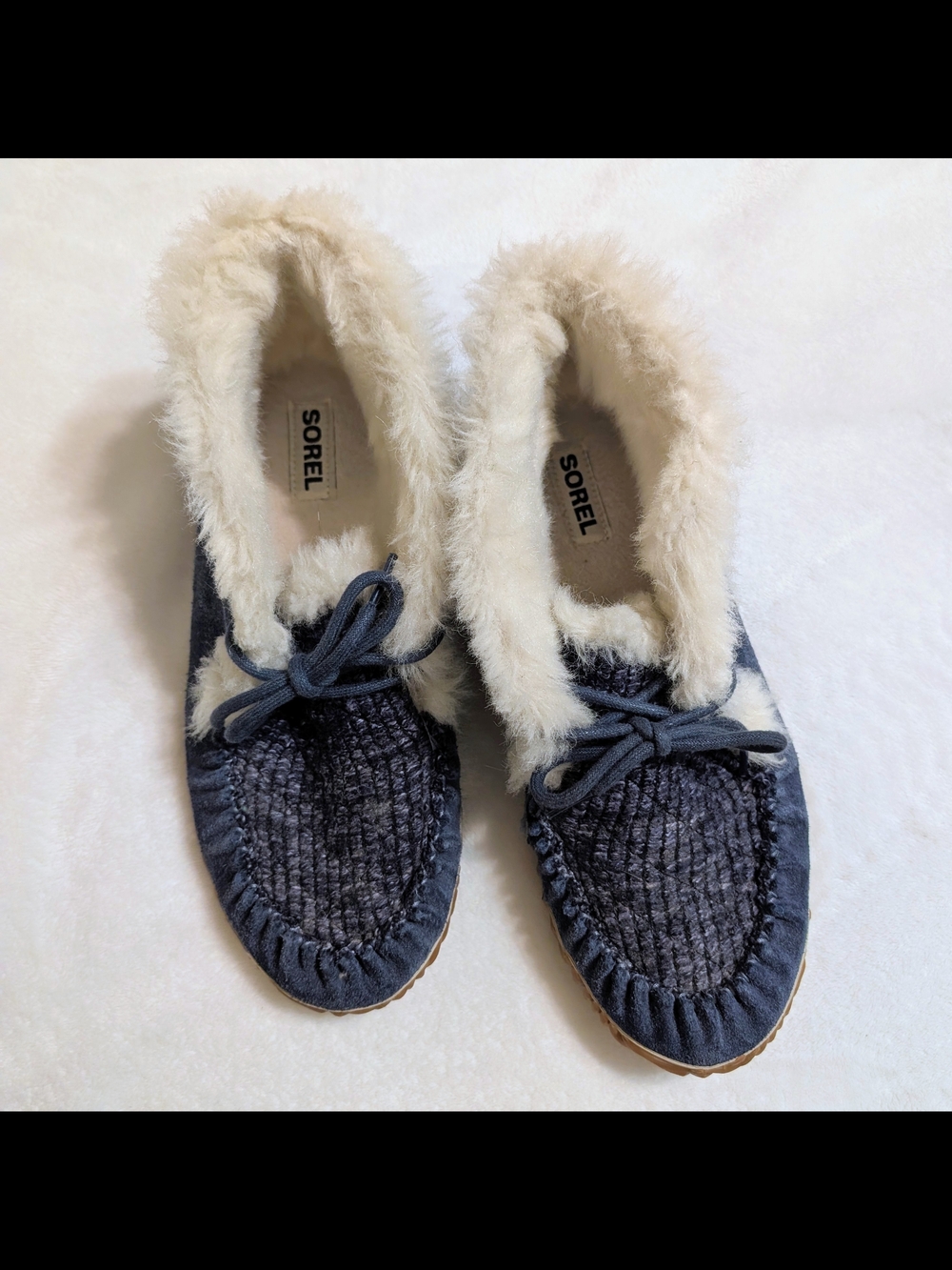 Sorel Women's Navy Faux-Fur Trim Moccasin Slippers, Size 10
